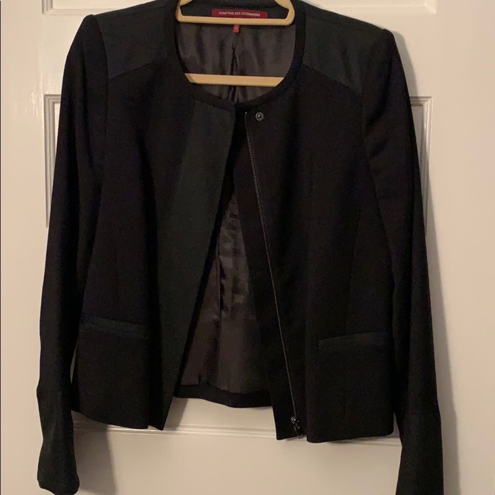 Black collarless wool jacket